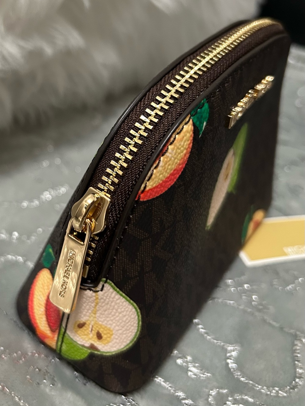 NWT Michael Kors Small Jet Brown Cosmetic Pouch-Pink/Green/Yellow Fruit Print - Picture 5 of 9